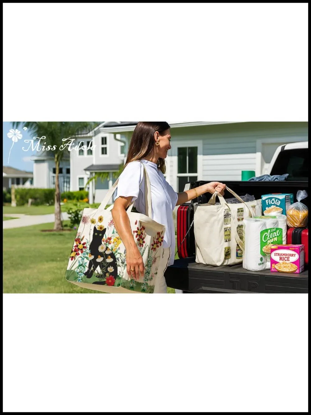 Large Canvas Grocery Tote - Reusable Shopping Bag with 6 Pockets